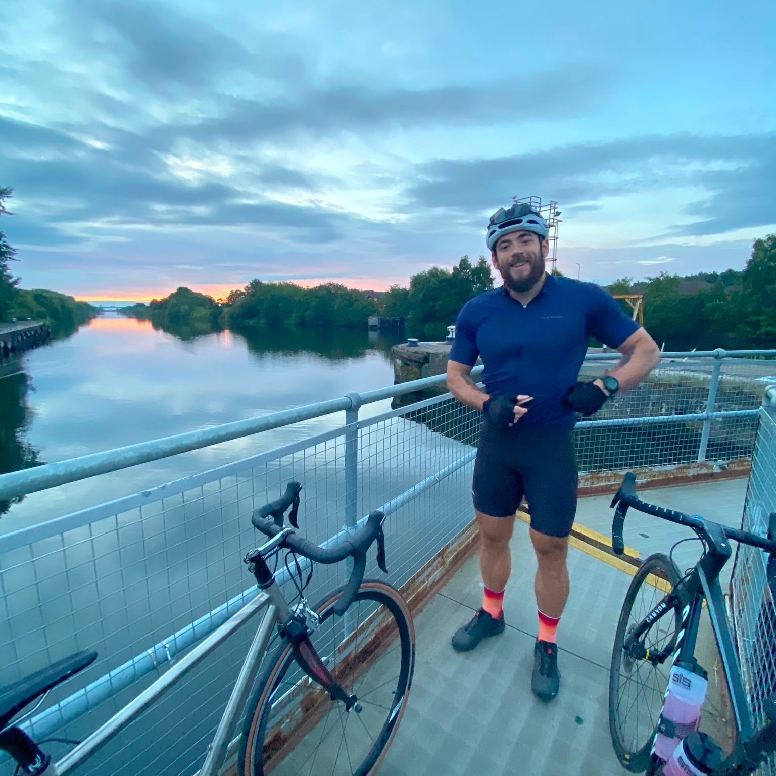 Connor on the road bike at sunrise